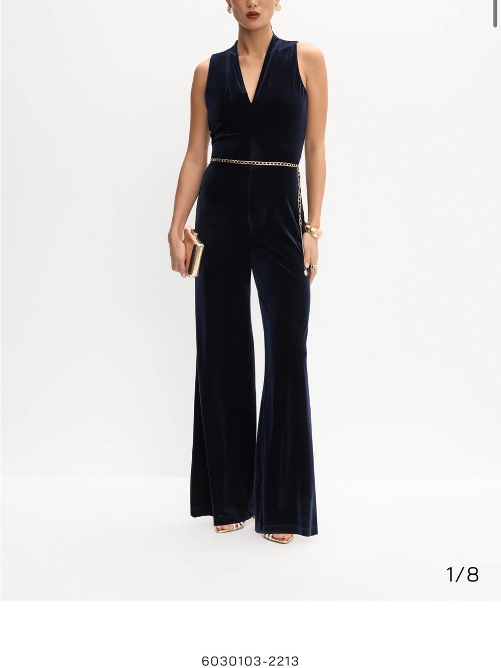 Melanie Lynn Sleeveless Velvet Wide-Leg Jumpsuit in Navy